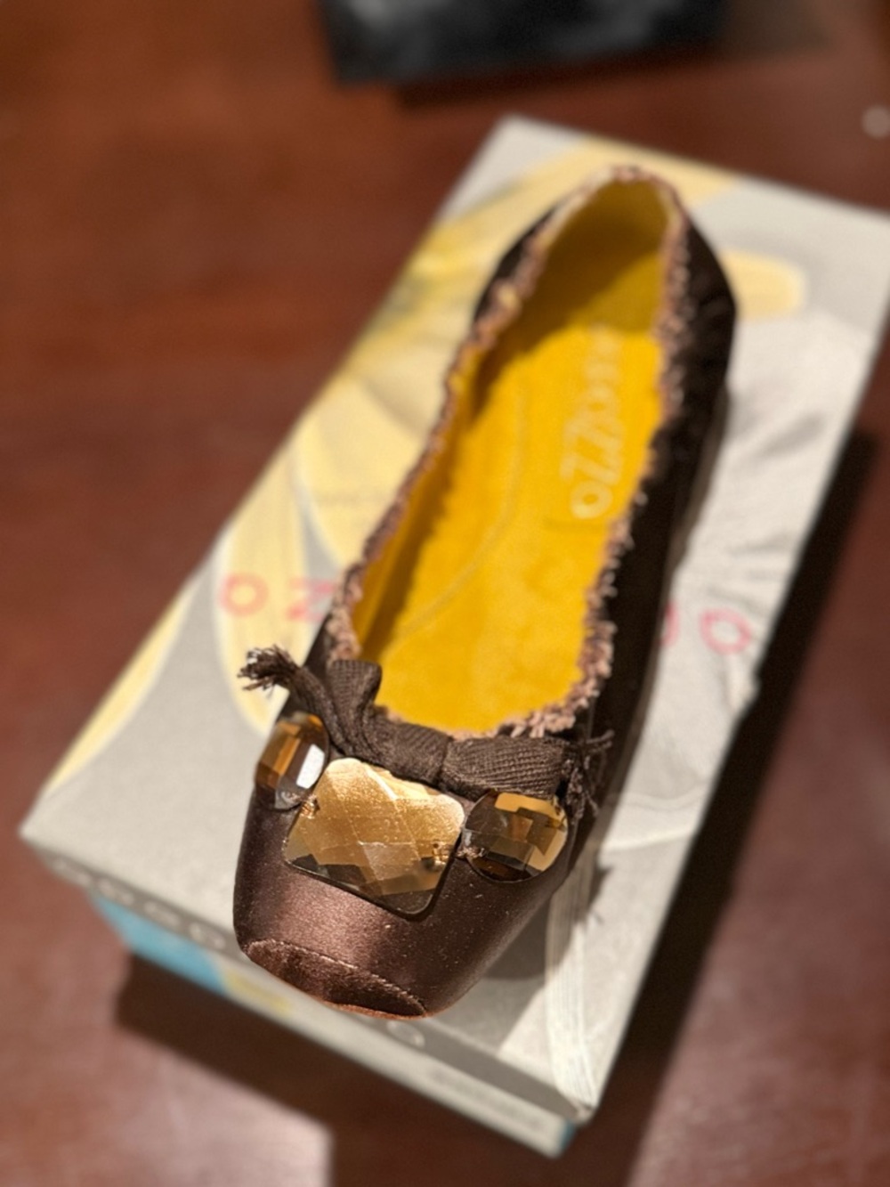 Apepazza Coffee Satin Tassel Ballet Flat with Gem Trim